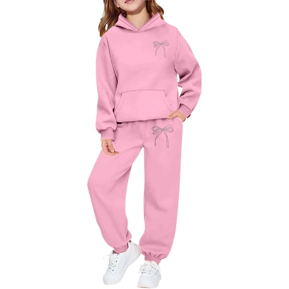 gcong Kids Bow Sweatsuits 2Pcs Sweat Suits Sets for Girls Graphic Painted Pullover Hoodie Jogger Pants Baggy Tracksuits Pink