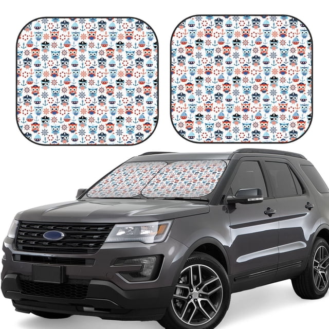 Balery Nautical And Pirate Owls Parasol para parabrisas de coche de 2 piezas | Parasol plegable para parabrisas delantero de coche para la mayoría de sedanes-Large