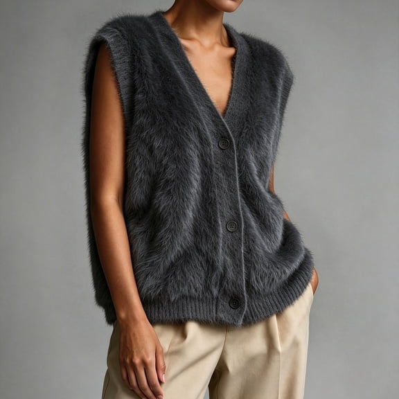 Womens Solid Fuzzy Knit Vest V Neck Button Front Sleeveless Cardigan Loose Fit Knitted Waistcoat Casual Layering Sweater Vest Gray 2XL