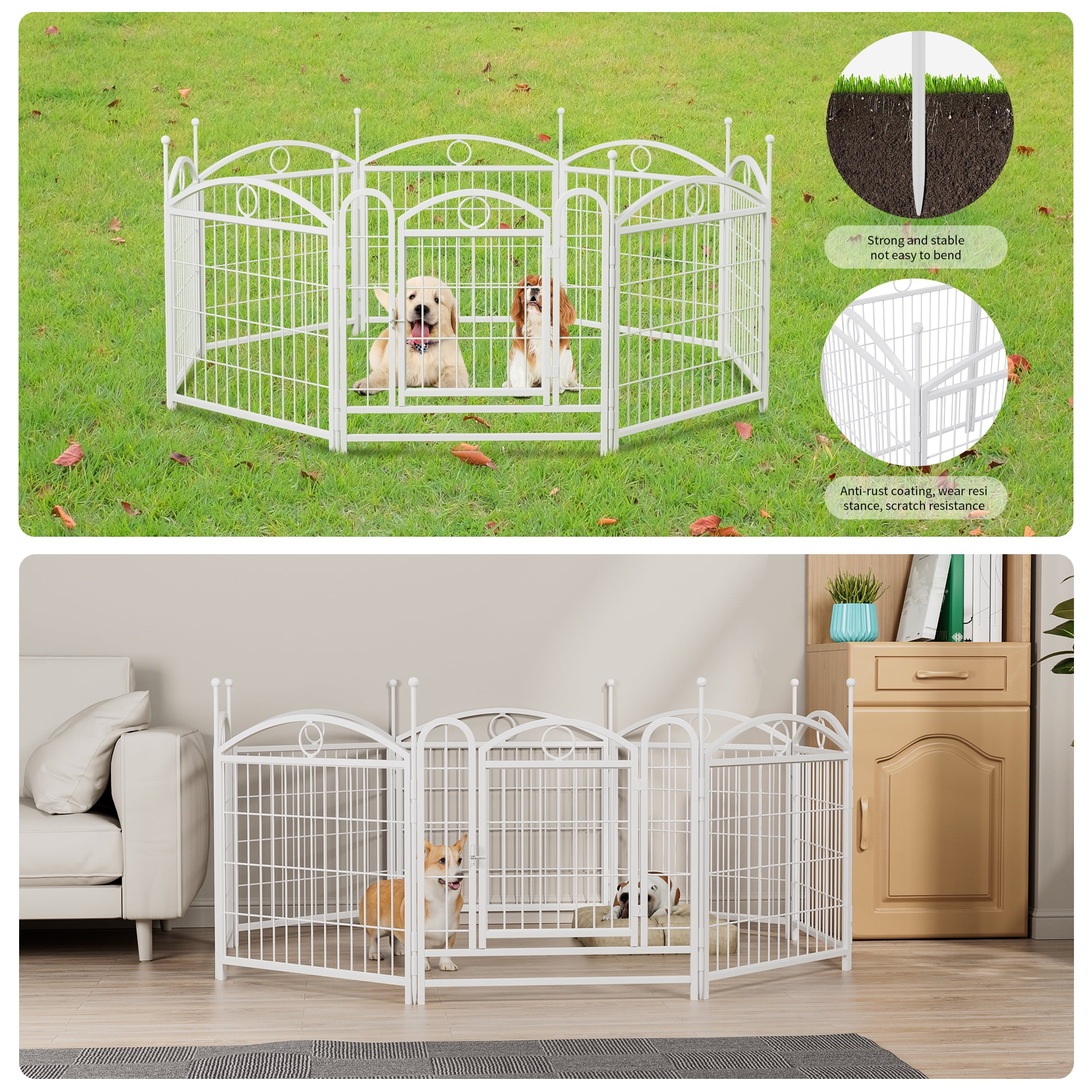 Jopath 24" 8 Panels Metal Dog Pen, Pet Dog Fence Outdoor Foldable Exercise Pen Heavy Duty Dog Fence Puppy Pen with Doors for Large Medium Small Dogs White