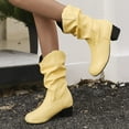 thumbnail image 3 of Western Boots for Women Slouchy Leather Block Heel Round Toe Mid Calf Booties Winter Thickened Warm Casual Retro Long Boots Yellow Size 10.5, 3 of 5
