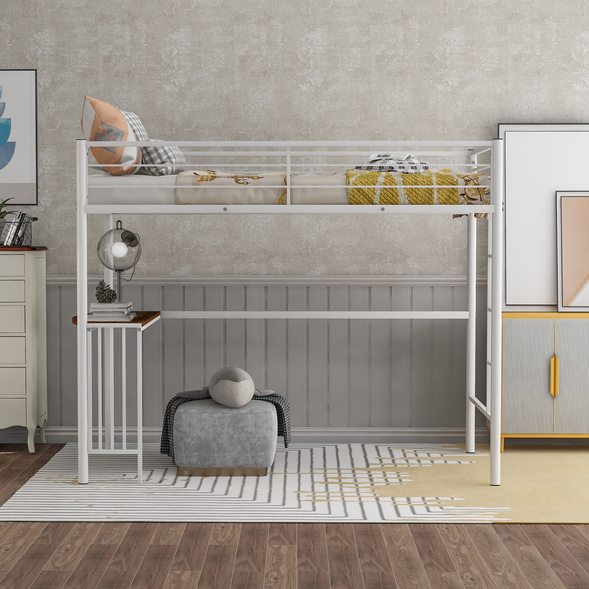 Kepooman Twin Size Metal Loft Bed with Desk & Ladder & Guardrails for Bedroom Dorm, White Kepooman Twin Size Metal Loft Bed with Desk & Ladder & Guardrails for Bedroom Dorm, White