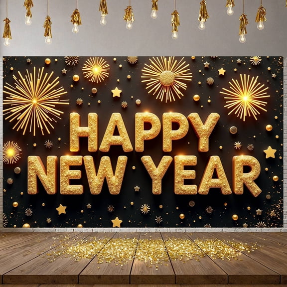 Golden Glitter Happy New Year Banner Fireworks Design New Year Display Star Pattern Shiny 3D Letters Festive Backdrop for New Year Party Holiday Celebration Indoor Decoration