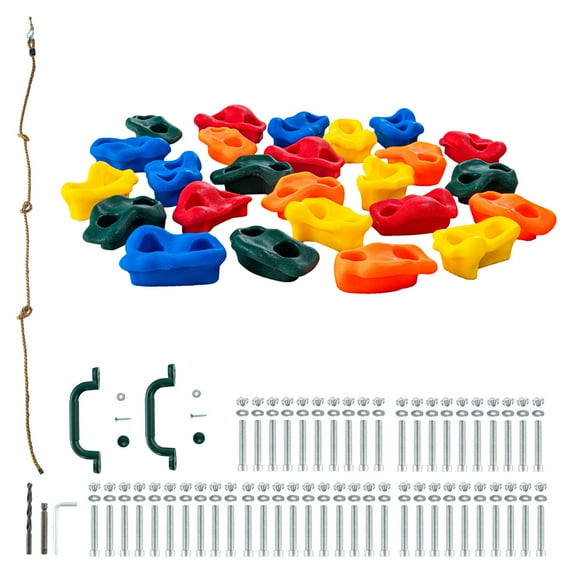 KFFKFF 25 Rock Climbing Holds, Assorted Sizes and Colors, Suitable for Children and Adults, Includes Knotted Rope, Handles, and Installation Kit, Ideal for Indoor and Outdoor Rock Walls