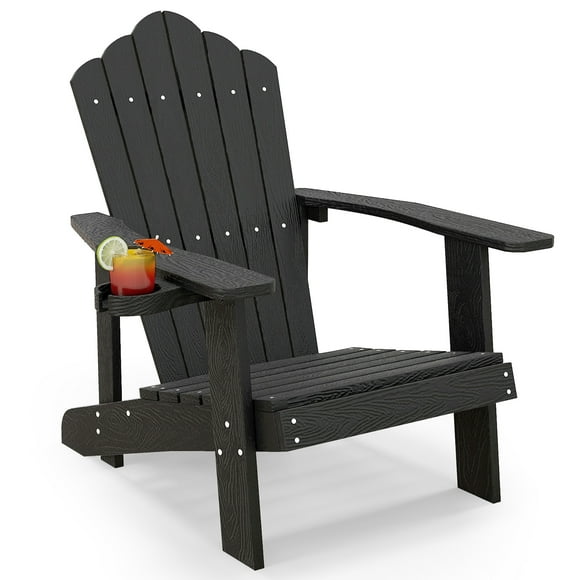 Gymax Patio HIPS Outdoor Weather Resistant Slatted Chair Adirondack Chair w/ Cup Holder Black