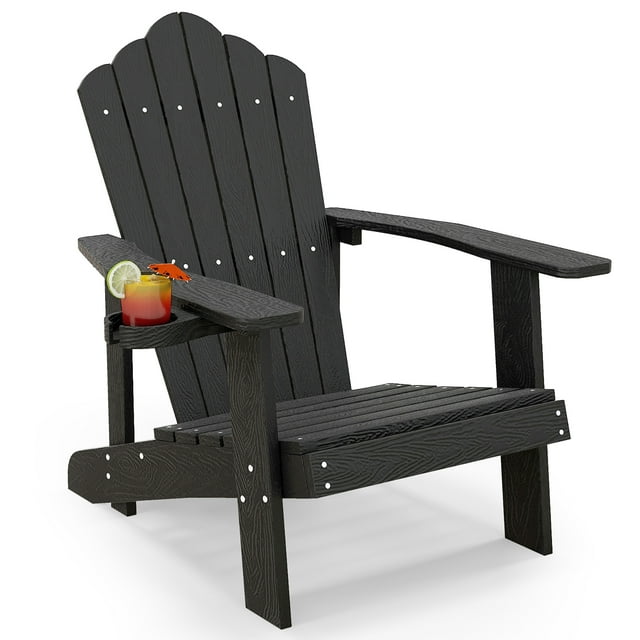 Gymax Chaise de Patio Résistante aux Intempéries, Style Adirondack, avec Porte-Gobelet, Noire.