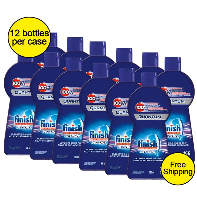 Finish Quantum Jet-Dry Dishwasher Rinse Aid, 100% Better Drying Than Detergent Alone, Blue Liquid, 500mL Bottles, 12/Case