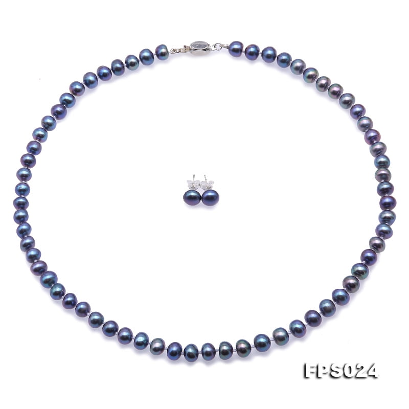 JYX Pearl Necklace Set AA Quality 7-8 Flatly Round Peacock Blue Pearl Necklace Bracelet and Earrings Set
