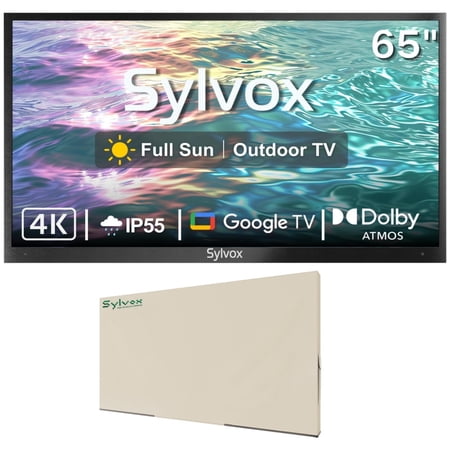 SYLVOX 65" Full Sun Outdoor TV with Cover, IP55 Weatherproof TV 2000nit Brightness, 4K UHD, Google OS, Dolby Atmos, Voice Remote (Pool Pro 2.0)