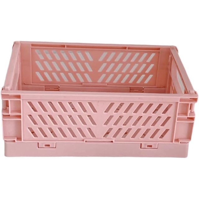 Mini Collapsible Storage Basket, Stackable Storage Bin Crates Container Folding Plastic Storage Box with Handle Foldable Plastic Storage Case for Stationery Snacks Cosmetics(Pink )