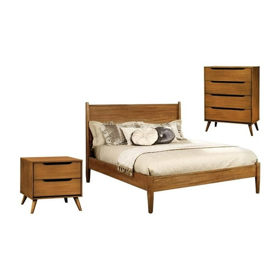 Allora 3pc Mid-Century Wood Queen Bedroom Set- Queen   Nightstand   Chest in Oak