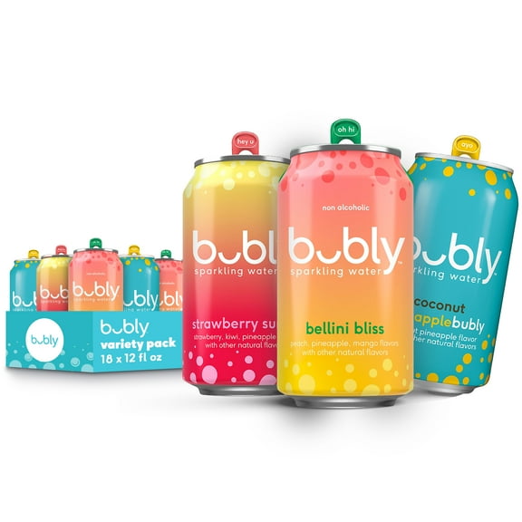 bubly Bellini, Strawberry Sunset and Coconut Sparkling Water, Variety Pack, 12 fl oz, 18 Pack Cans