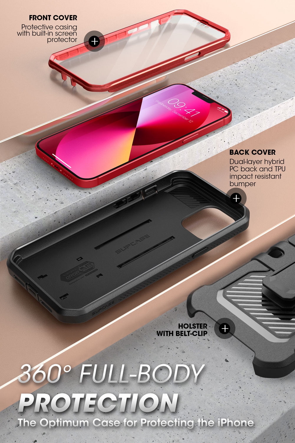 SUPCASE Unicorn Beetle Pro Series Case for iPhone 13 Mini (2021 Release) 5.4 Inch, Built-in Screen Protector Full-Body Rugged Holster Case (Ruddy)