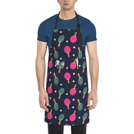 

Tebeau Ping Pong Rackets And Balls Print Waterproof Cooking Aprons Adjustable Bib Soft Chef Apron with 2 Pockets for Men Women