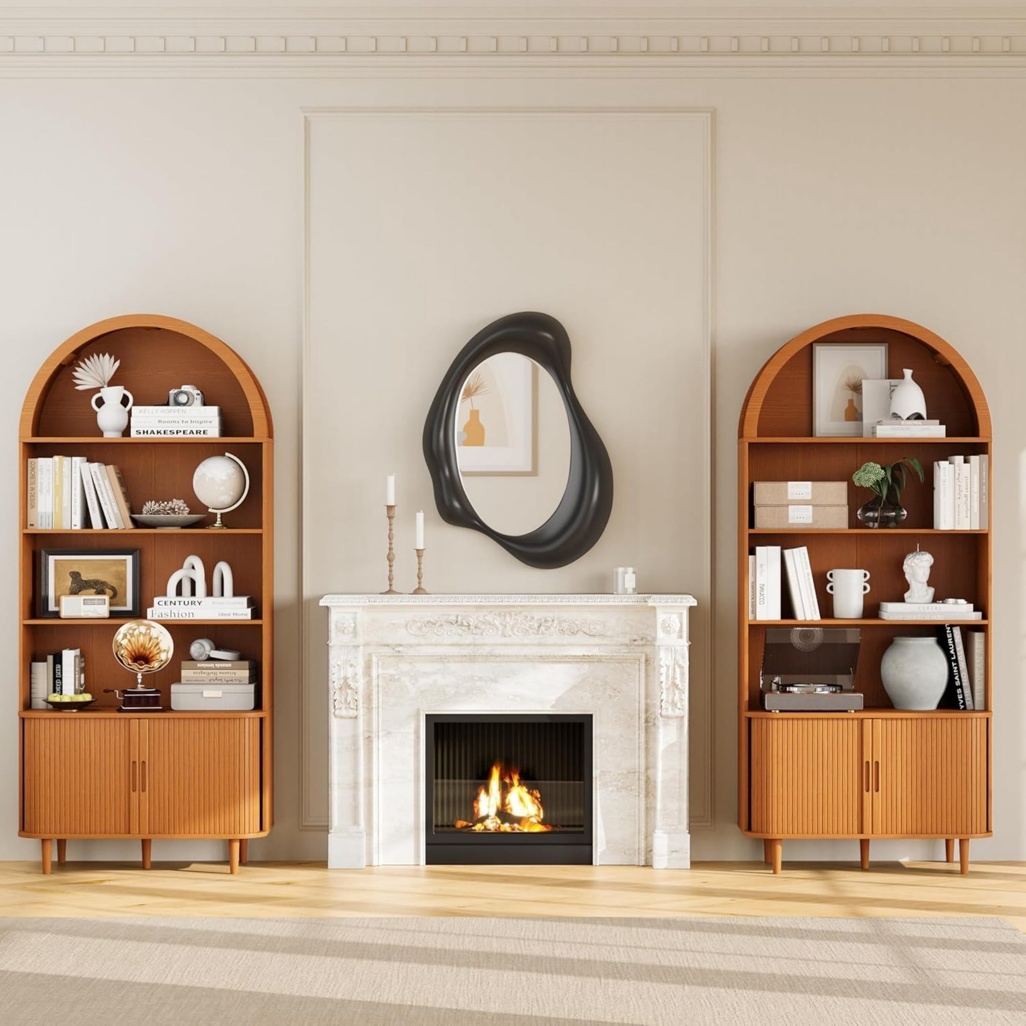 71" Tall Arched Bookshelf, 5 Tier Modern Farmhouse Bookcase with Sliding Doors & Adjustable Shelves, Wood Display Cabinet, Yellow