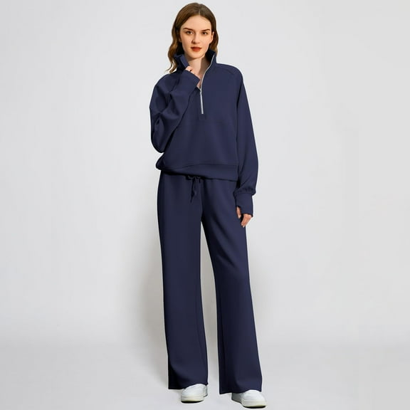 Huankd Womens 2 Piece Outfits Sweatsuit Set Oversized Half Zip Sweatshirt Wide Leg Sweatpants Lounge Set Tracksuit Dark Blue XL