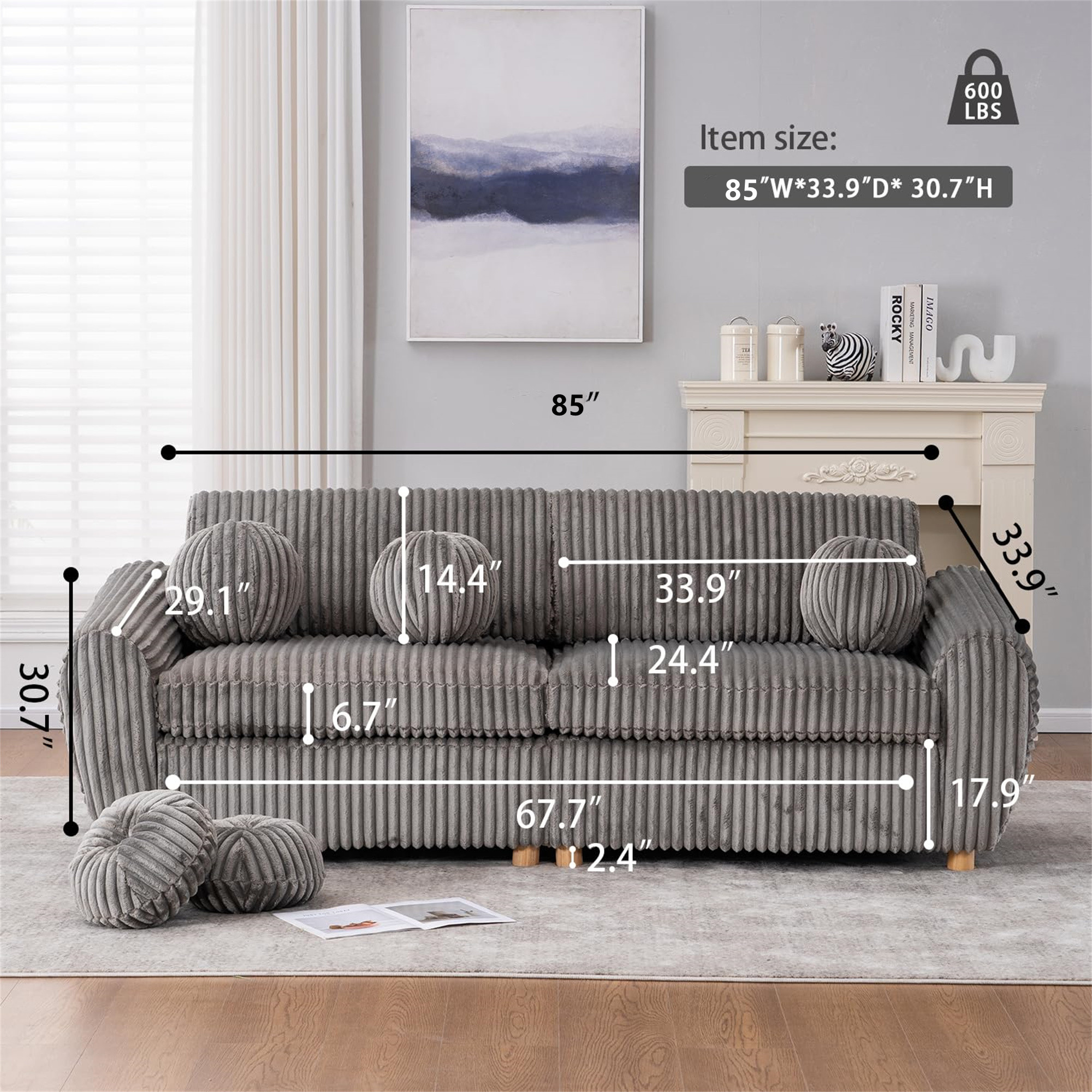 Aukfa 85" Modern Comfy Sofa, Upholstered Deep Seat Couch for Living Room, 5 Pillows, Corduroy, Gray