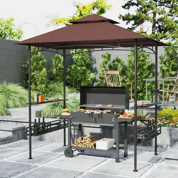 Outsunny 8' x 5' Grill Gazebo, 2-Tier Outdoor BBQ Gazebo with 2 Side Shelves, Storage Baskets and Ceiling Hook, Dark Brown