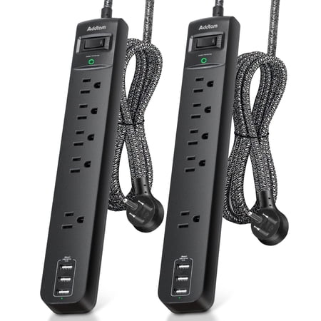 2 Pack Power Strip Surge Protector - 5 Widely Outlets 3 USB Charging Ports, 1875W/15A with 6Ft Braided Extension Cord, Flat Plug, Overload Surge Protection, Wall Mount for Home Office BE7