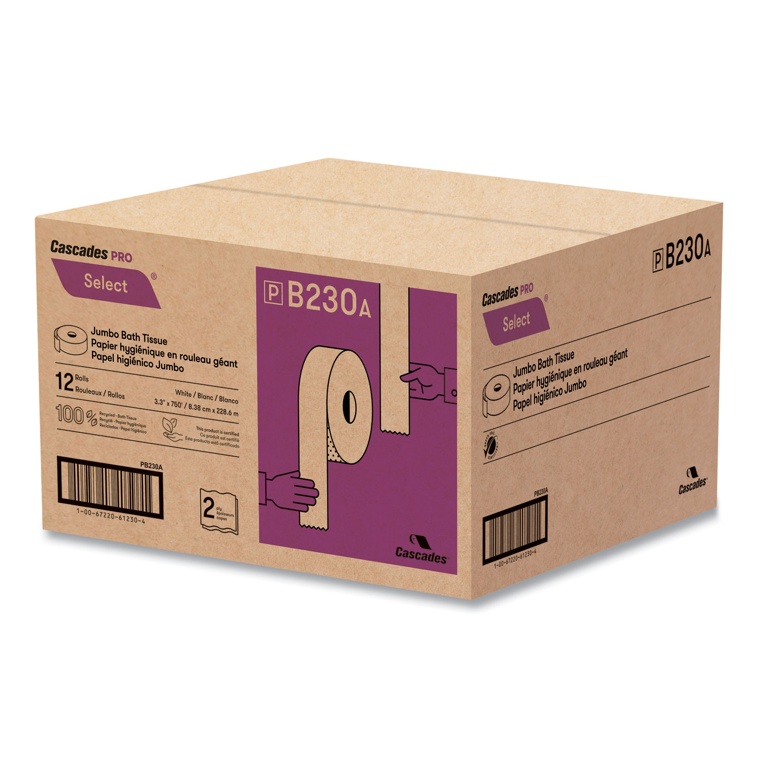 Select Jumbo Bath Tissue, Septic Safe, 2-Ply, White, 3.3" x 750 ft, 12/Carton | Bundle of 2 Cartons