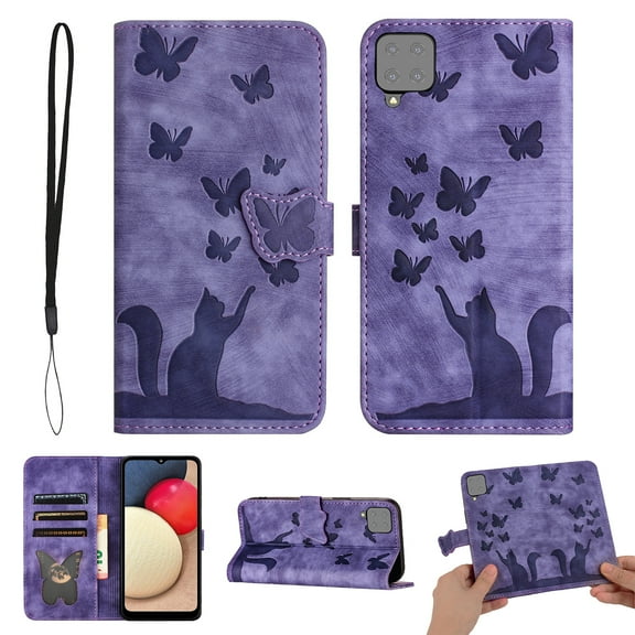 Wallet Case Designed for Samsung Galaxy A12 5G for Women,Flip Folio Cover with Butterfly Embossed PU Leather Kickstand Credit Card Holder Slots Magnetic Wrist Strap Phone Case, Purple