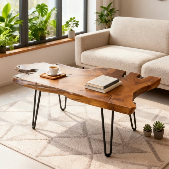 DUHOME Live Edge Solid Wood Coffee Table, Natural Rustic Wooden Cocktail Table with Black Metal Hairpin Legs, Industrial Farmhouse Accent Table for Living Room