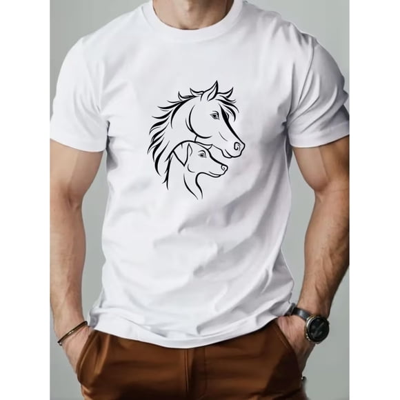 Men'S Summer Casual Short-Sleeve T-Shirt Featuring a Silhouette Pattern of a Horse And a Dog