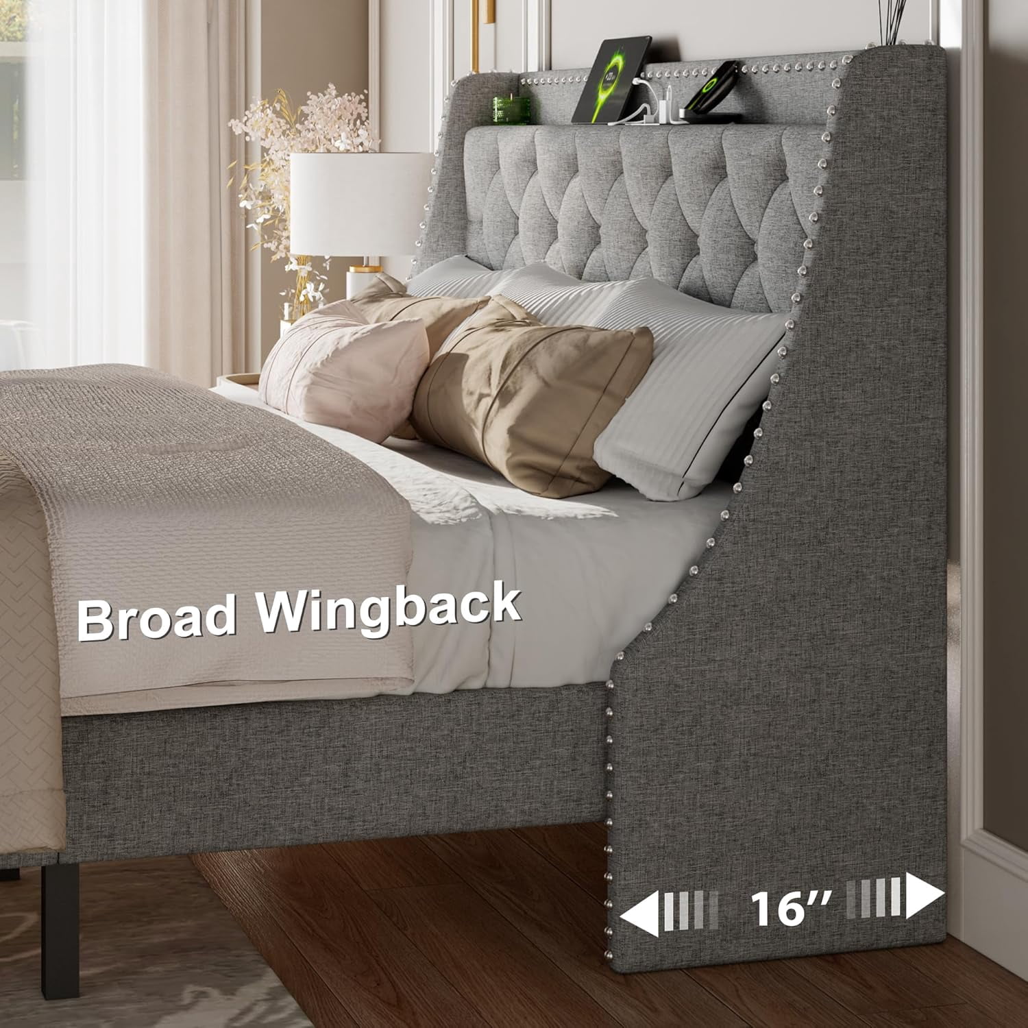 AENKYO King Size Platform Bed with Fast Charging Station, Storage Wingback Headboard, No Box Spring Needed, Gray