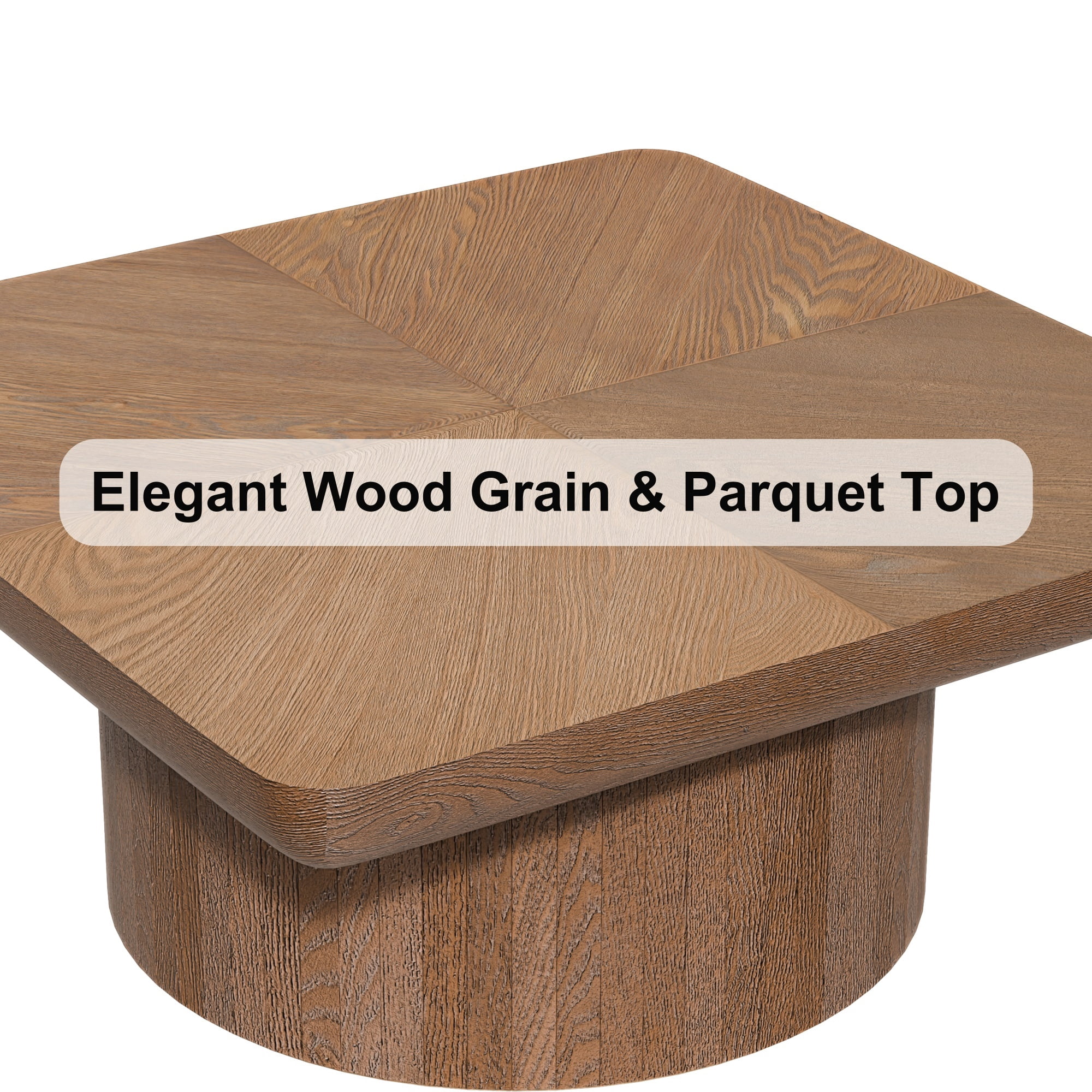34.6'' Square Coffee Table with Fluted Cylindrical Base, Solid Wood End Table with Thickened Tabletop, Modern Cocktail Table