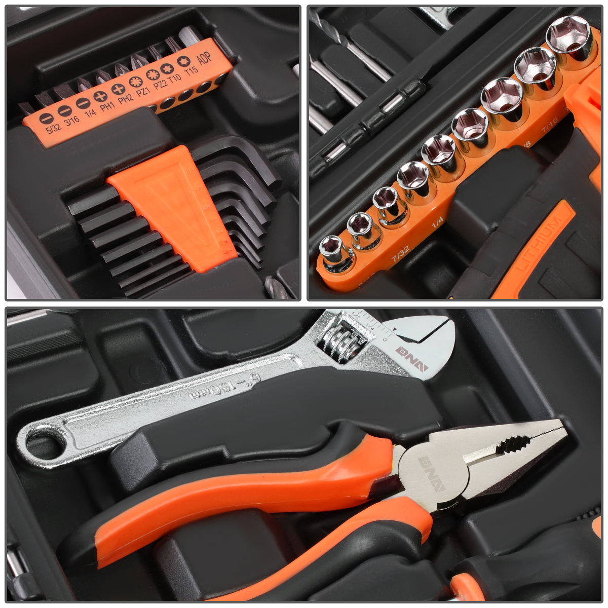 DNA Motoring TOOLS-00020 DNA MOTORING Orange 46 Pcs 18V 1300mAh Battery Cordless Drill Combinaton Tool Set Home Hand Repair Kit