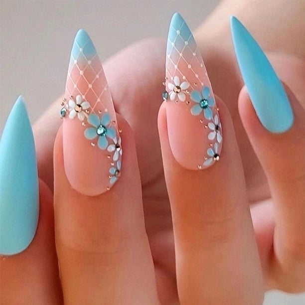 Blue Gradient Matte Almond Press On Nails - Acrylic Fake Nails with Glue for Women and Girls - Long-Lasting and Easy to Apply