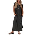 thumbnail image 1 of Vestido de verano KIRUNDO de punto acanalado Henley Maxi Black para mujer, 1 of 9