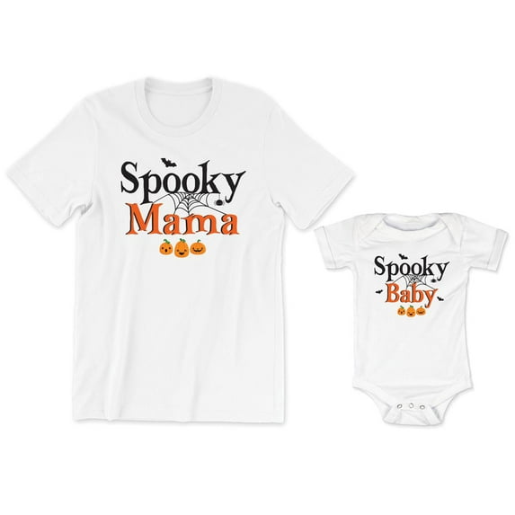 Spooky Mama Women's T-Shirt Pumpkin Graphic Tee Spooky Baby Bodysuit Kids Toddler Shirt Halloween Family Matching Mommy Daughter Son Outfits