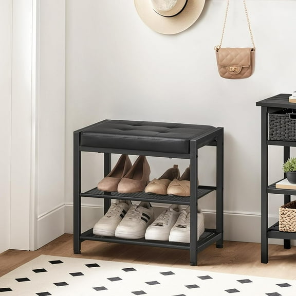 Small Shoe Bench, 3-Tier Shoe Rack with PU Seat Cushion, Entryway Storage Organizer, Black