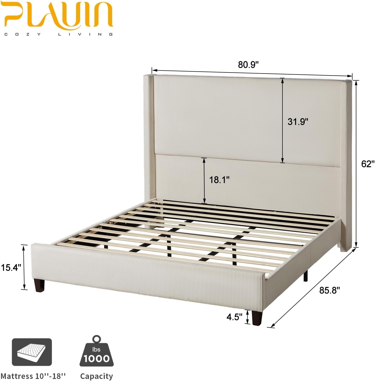 VanAcc King Size Platform Bed Frame with 62" Headboard Corduroy Upholstered Bed/Wingback/No Box Spring Needed/Noise Free/Cream
