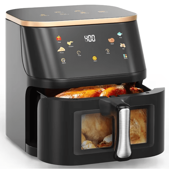PDstation Air Fryer, One-Touch Digital Control Presets, Large 10L Capacity with Visible Cooking Window, Fries, Chicken, Meat, Fish, Non-Stick Parts, Dishwasher Safe, Auto Shutoff, Stainless Steel