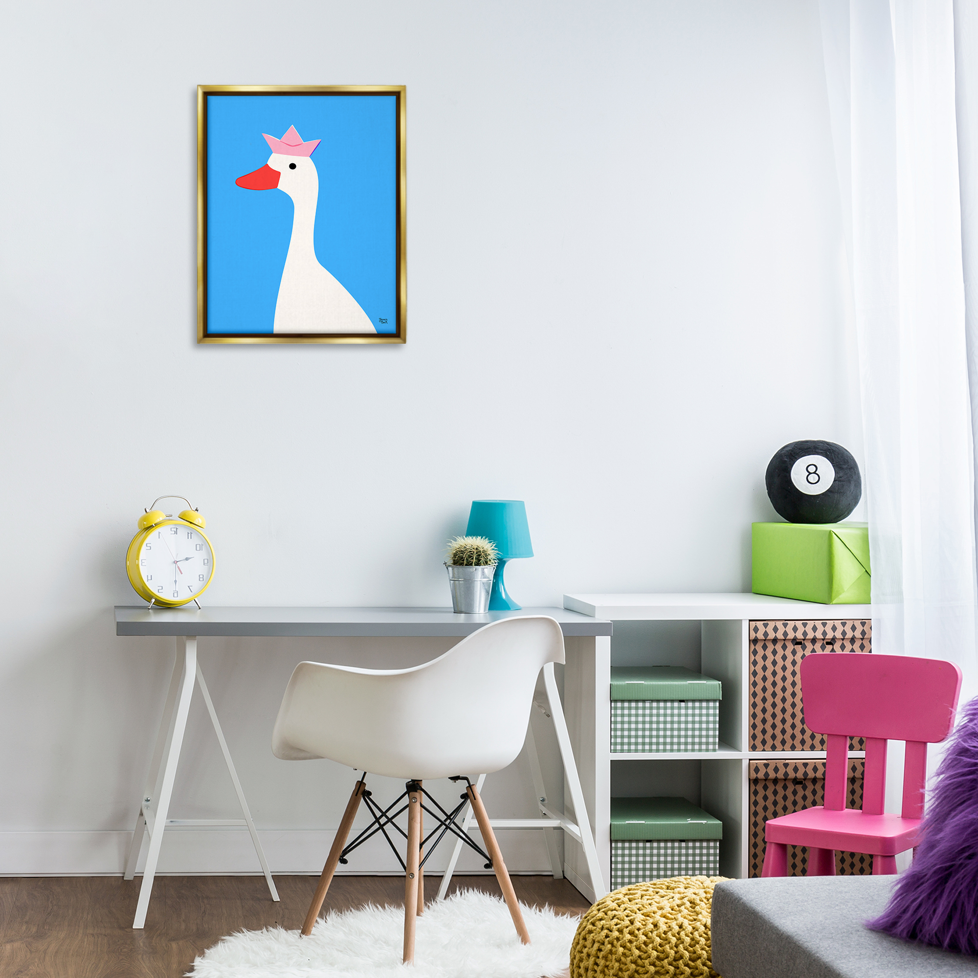 Stupell Industries Crowned Goose on Blue Animals Painting Gold Floater Framed Canvas Art Print Wall Art, 17 x 21