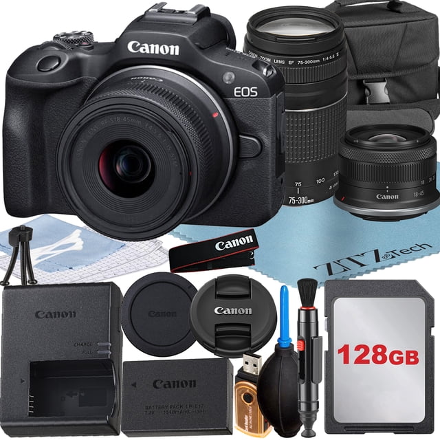 Canon EOS R100 Mirrorless Camera with RF-S 18-45mm + EF 75-300mm Lens + 128GB Memory Card + Case + ZeeTech Accessory Bundle