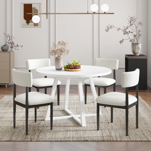 Roundhill Furniture Edo 5-Piece Dining Set, Round Trestle Table and 4 Upholstered Chairs, White and Black