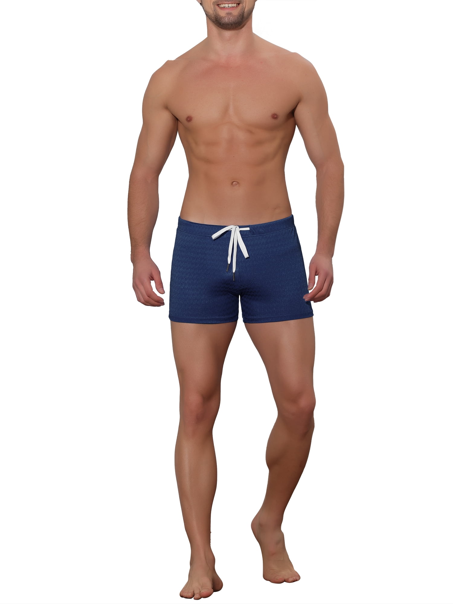 Unique Bargains Men's Solid Color Drawstring Waist Summer Beach Pool Swim Trunks 34 Navy