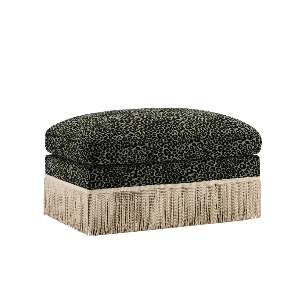 Leopard Print Chenille Ottoman - Green and Black Upholstered Foot Rest Stool for Living Room, Bedroom, Entryway, Modern Accent Furniture