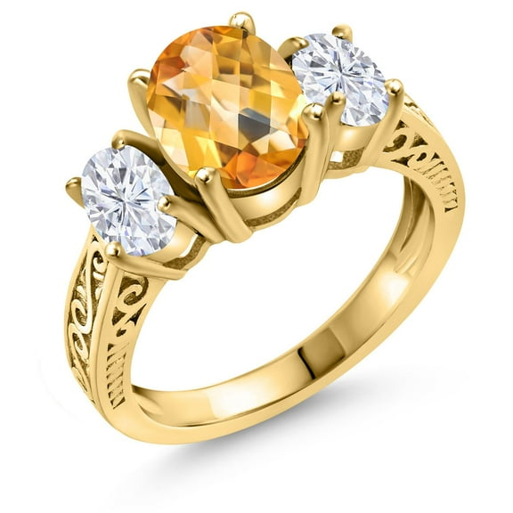 Gem Stone King 18K Yellow Gold Plated Silver 3-Stone Ring Checkerboard Citrine Moissanite (2.65 Cttw)