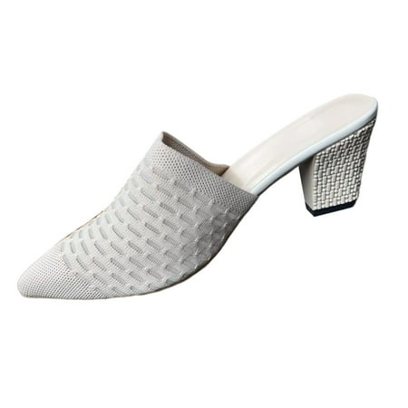 

PMUYBHF Women Sandal Summer New Mid Heel Women Sandals Knitted Pointed Breathable Sandals