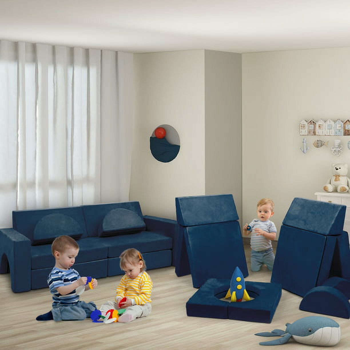Tolead 8 Pcs Modular Kids Blue Sectional Sofa, Convertible Furniture, Child Couch Play Imaginative