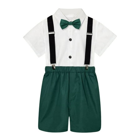 

2 Piece outfits for kids Fall Girls Kids Boys Summer British Style Short Sleeved Shirt Suspenders Shorts Bow Tie 4Pc Children Performance Suit Jumpsuit b-Green