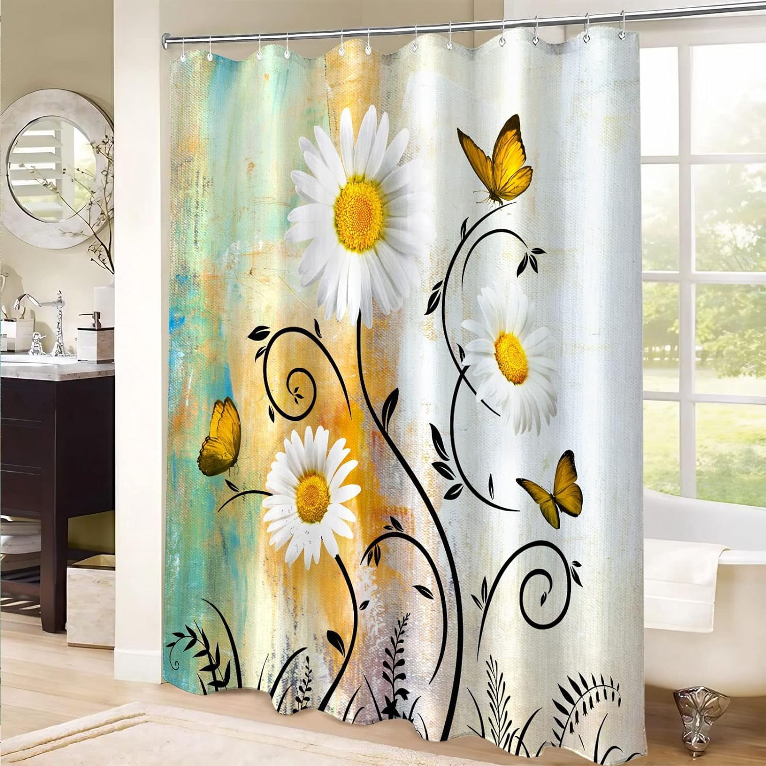 Rustic Farmhouse Shower Curtain White Daisy Floral Orange Waterproof Fabric Shower Curtains for Bathroom Flower Yellow Butterfly Bath Curtain Decor with Hooks (Yellow, 72'''' x 72'''')