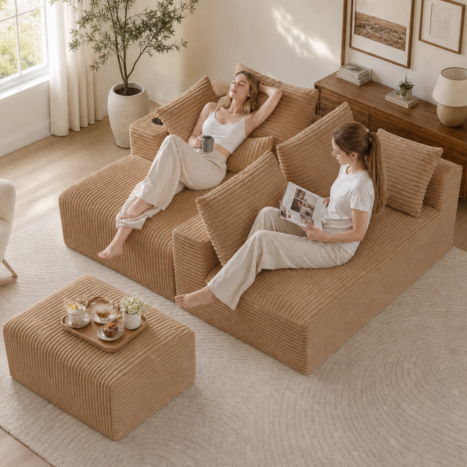 95'' 4 Seater Boneless L Shape Modular Sofa Couch with 4 Pillows, 2 Cup Holders and Ottoman