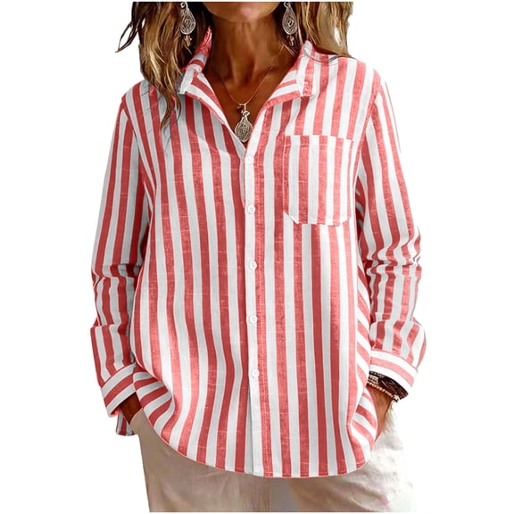 DAFPZW Womens Long Sleeve Button Down Shirt Fashion Striped Dressy Blouse with Chest Pocket Stand Collar Loose Fit Casual Tops