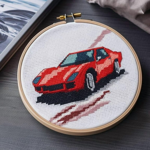 Generic Counted Easy Cross Stitch Kits Sports Car Color Stamped Embroidery for Starter Kits DIY 11CT Stamped Patterns Embroidery Needlework Kit Supplies 12 Inch Hoop Included(204-E)