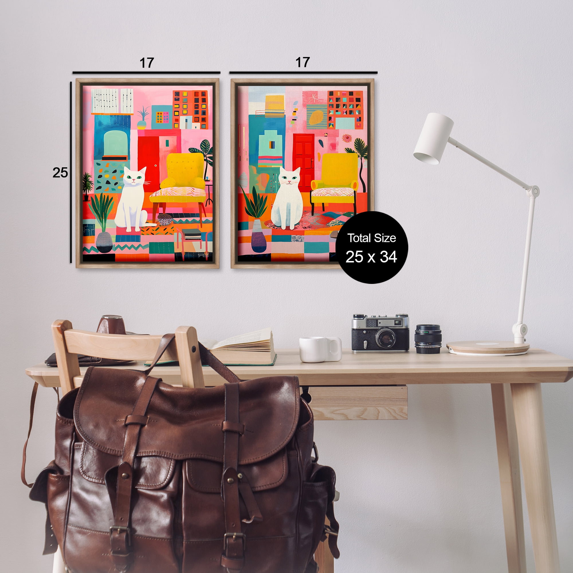 Stupell Industries Bright Room Sitting Cat Furniture Painting Brown Floater Framed Canvas Art Print Wall Art, 17 x 25, Set of 2